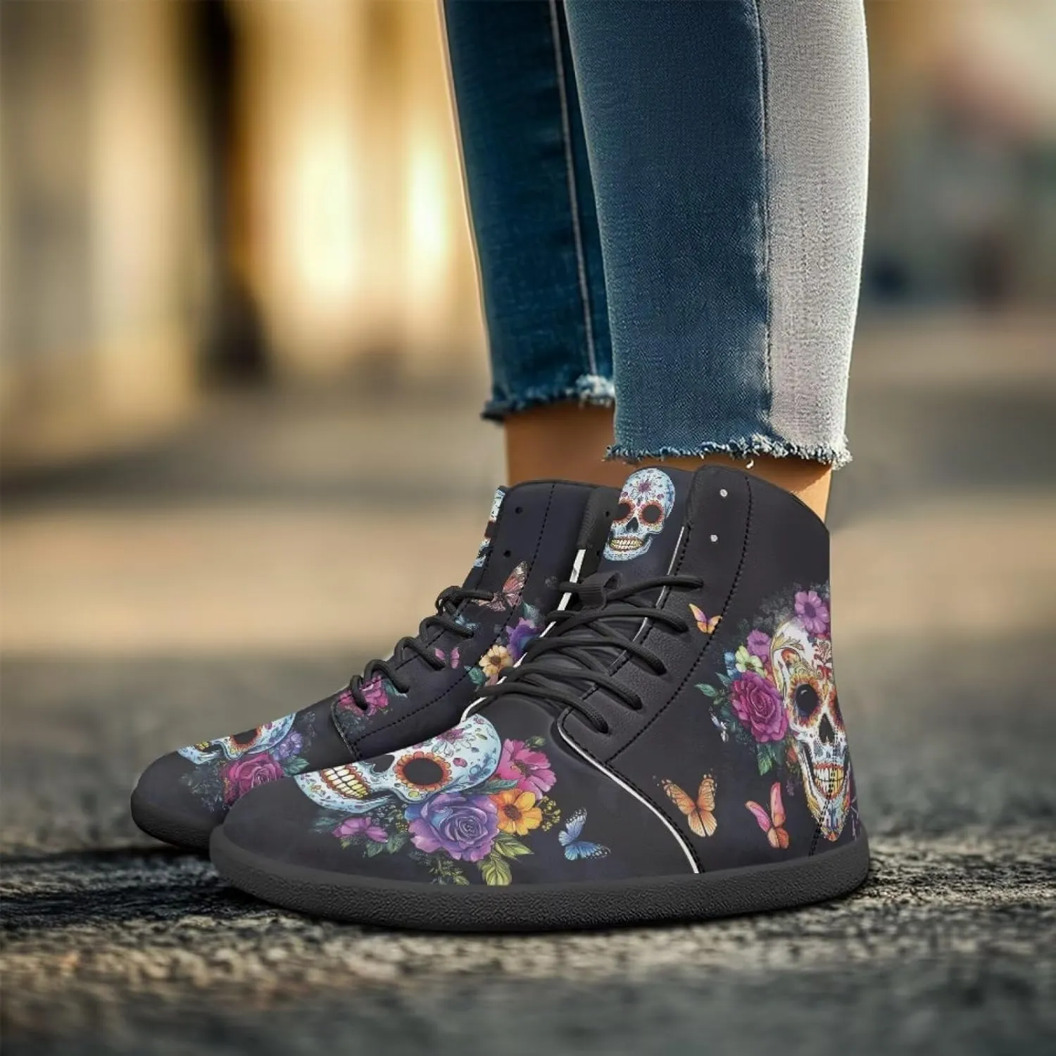 JoyLamoria Skull Rose Butterfly High Top Women Shoes Fashion Lace Walking Tennis Shoes Leather Hip Hop Street Sneaker