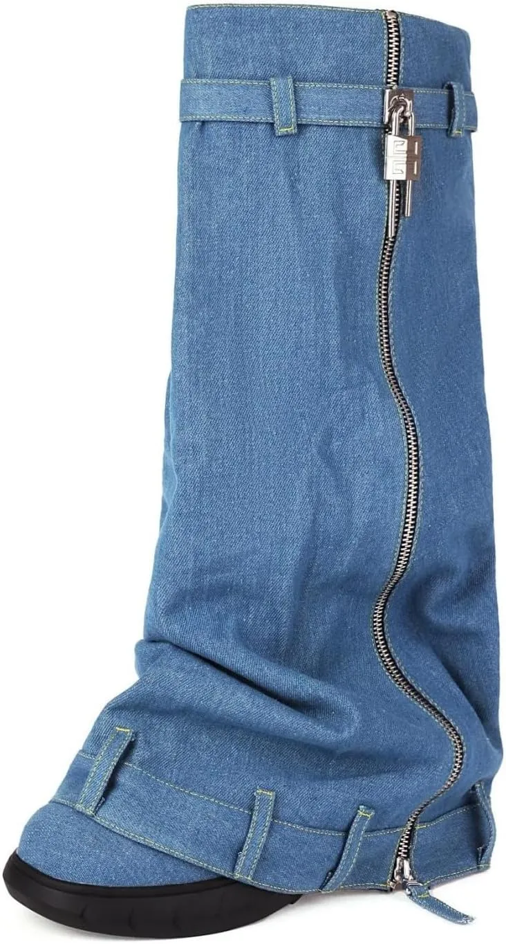 keleimusi Denim Lock Biker Boots Fold Over Knee High Jeans Boot for Women