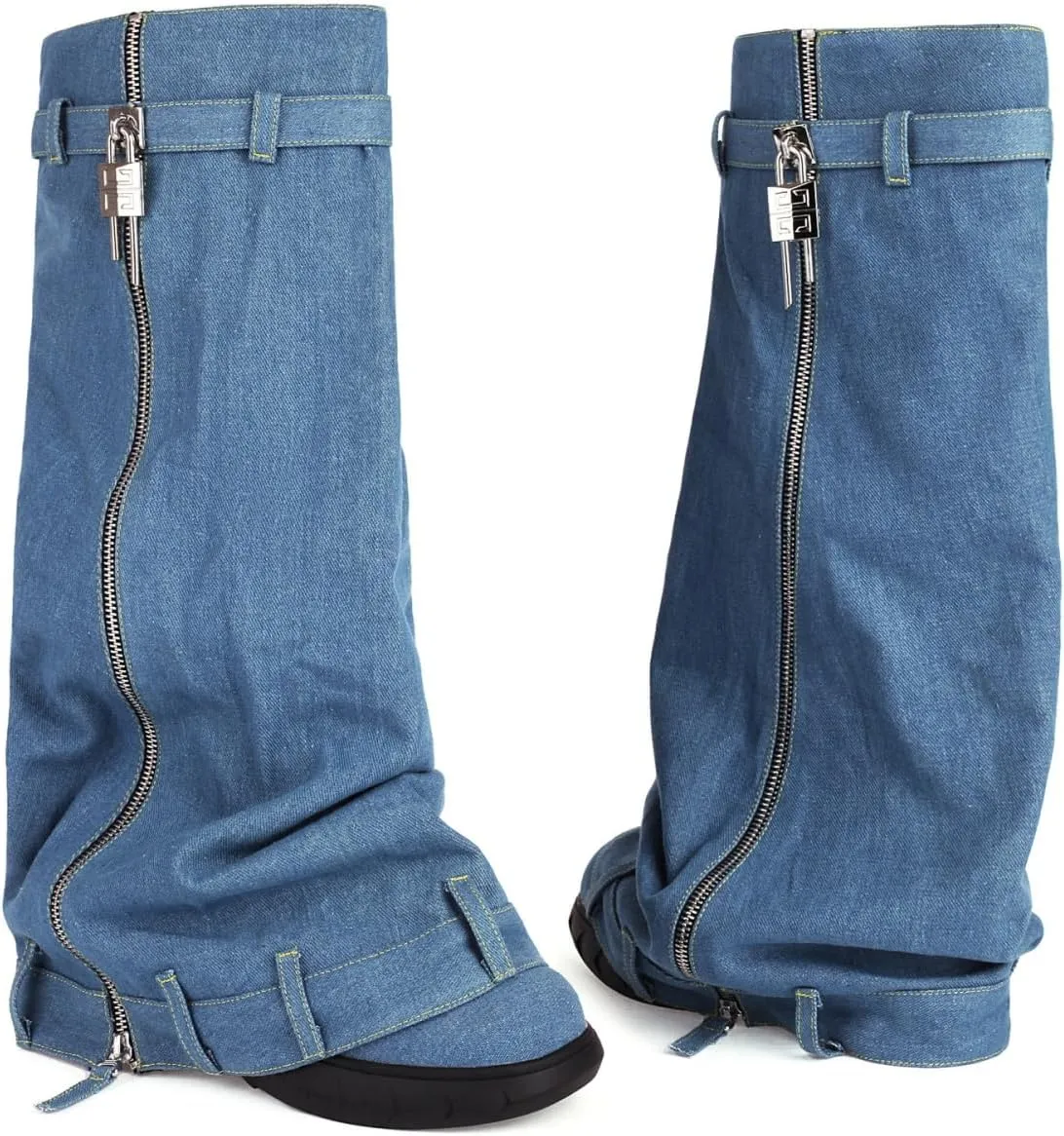 keleimusi Denim Lock Biker Boots Fold Over Knee High Jeans Boot for Women