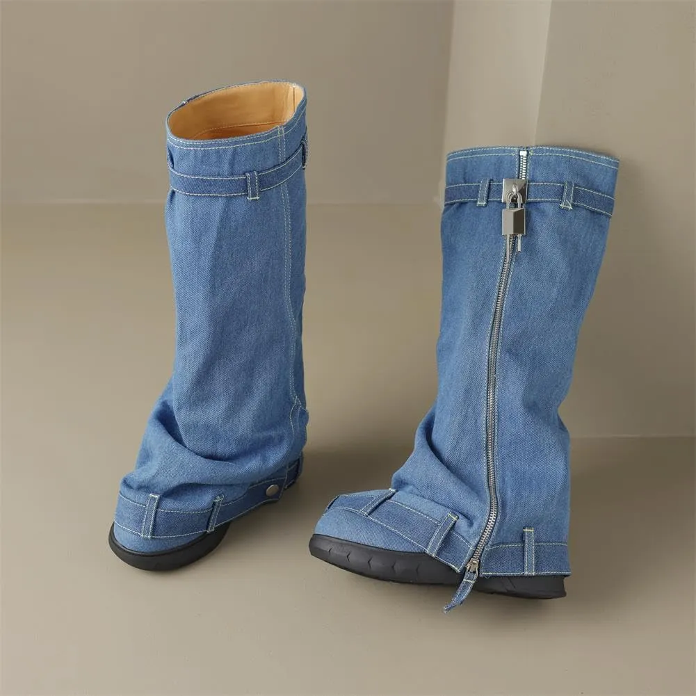 keleimusi Denim Lock Biker Boots Fold Over Knee High Jeans Boot for Women