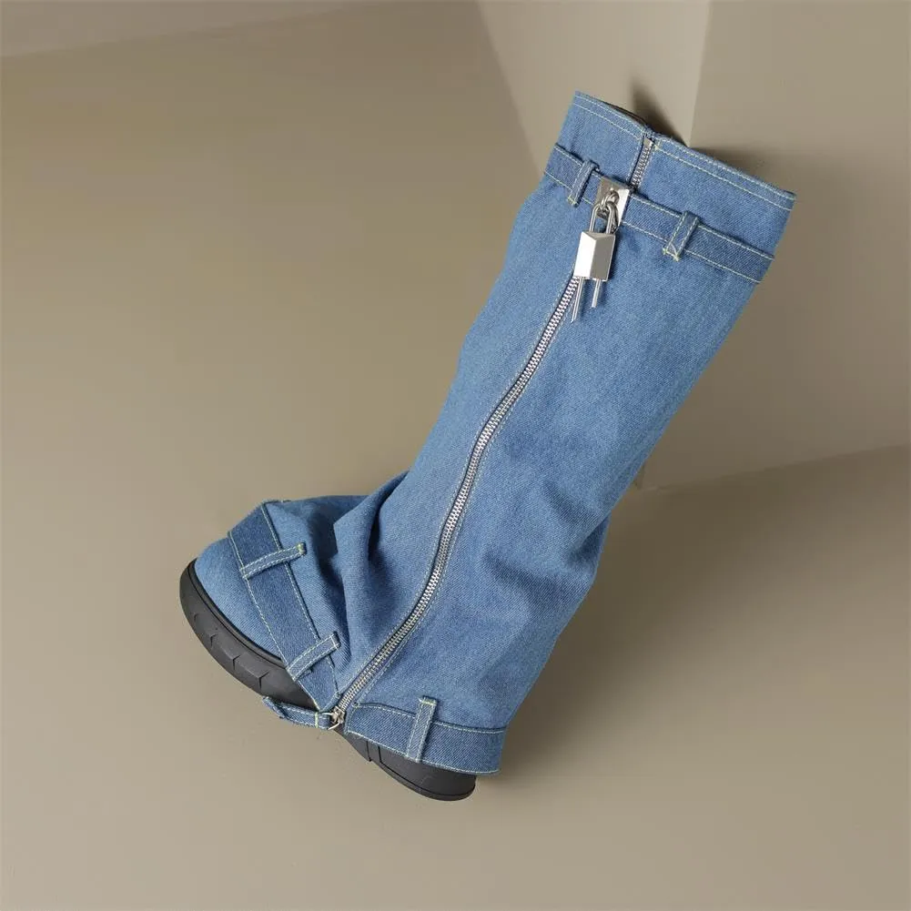 keleimusi Denim Lock Biker Boots Fold Over Knee High Jeans Boot for Women