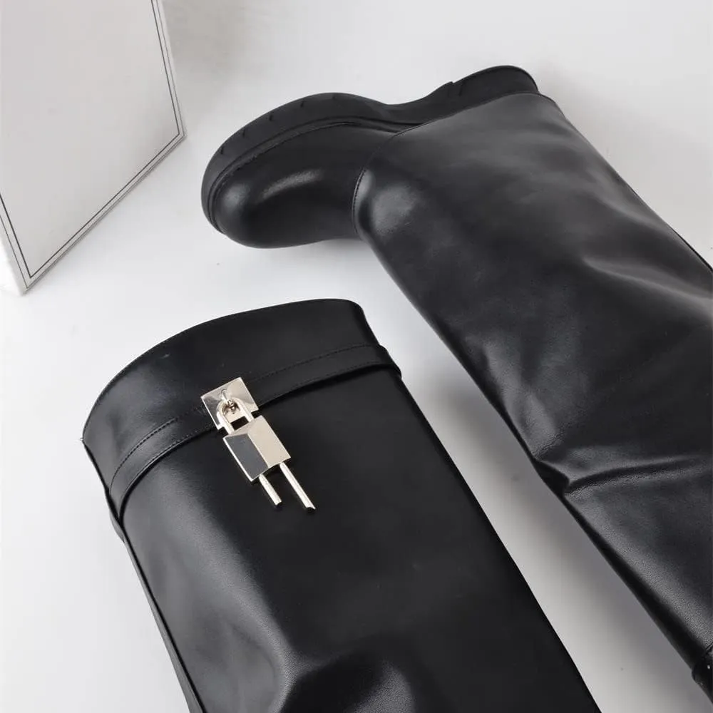 keleimusi PadLock Fold Over Knee High Biker Denim Jeans Boots for Women