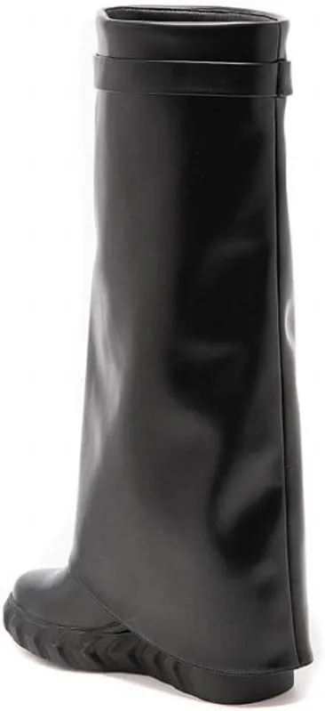 keleimusi PadLock Fold Over Knee High Biker Denim Jeans Boots for Women
