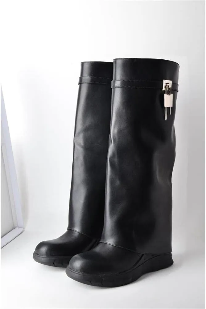 keleimusi PadLock Fold Over Knee High Biker Denim Jeans Boots for Women