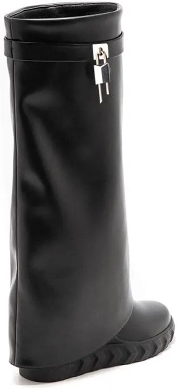 keleimusi PadLock Fold Over Knee High Biker Denim Jeans Boots for Women