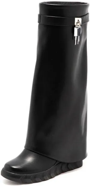 keleimusi PadLock Fold Over Knee High Biker Denim Jeans Boots for Women