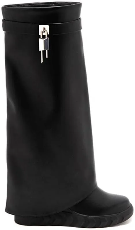 keleimusi PadLock Fold Over Knee High Biker Denim Jeans Boots for Women