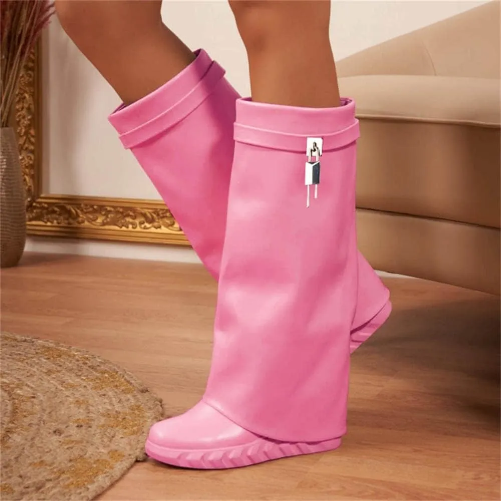 keleimusi PadLock Fold Over Knee High Biker Denim Jeans Boots for Women