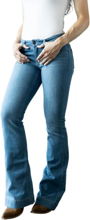 Kimes Ranch Women's Lola Soho Fade Western Mid-Rise Wide Flare Leg Light Wash Tri-Blend Denim Blue Jeans