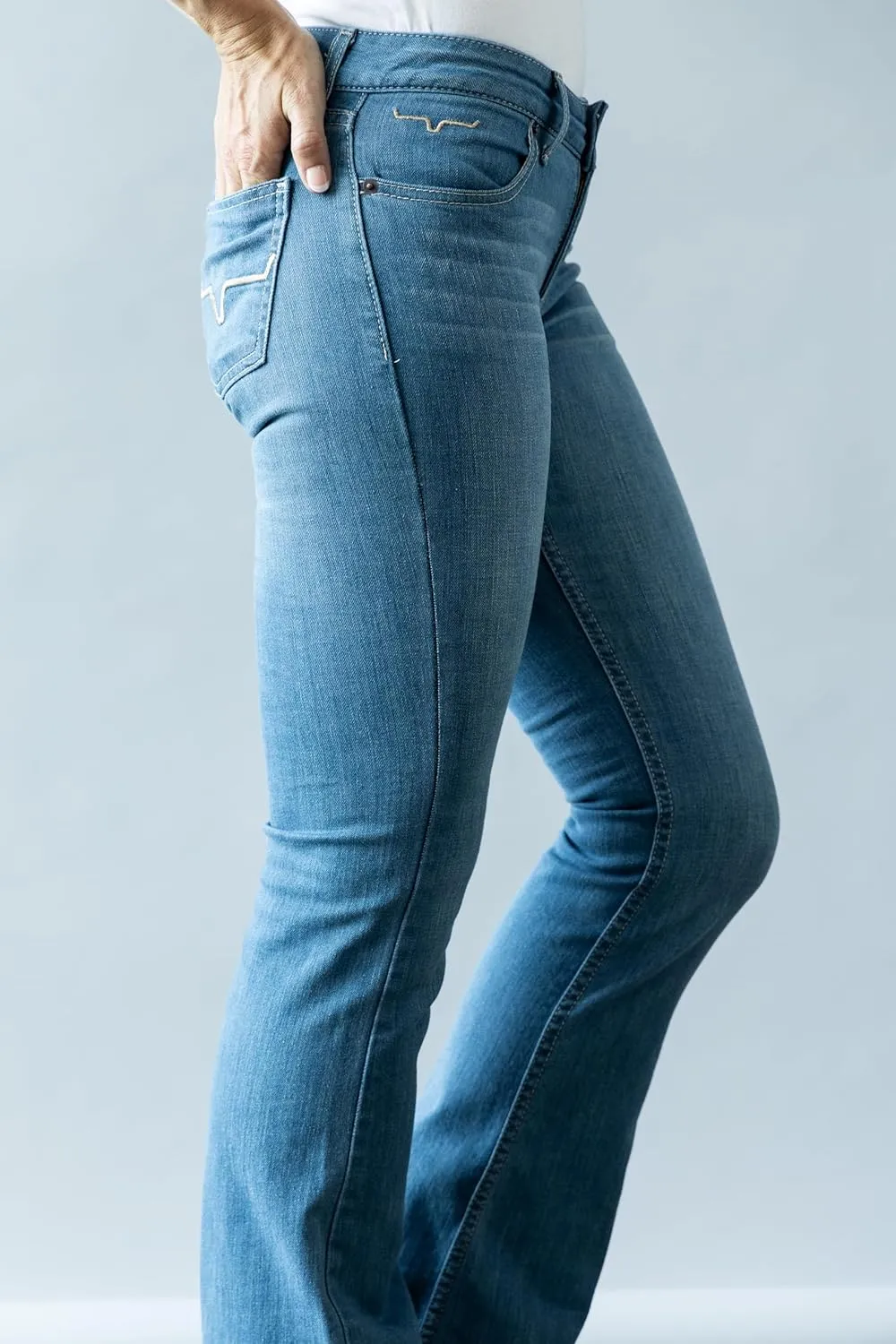 Kimes Ranch Women's Lola Soho Fade Western Mid-Rise Wide Flare Leg Light Wash Tri-Blend Denim Blue Jeans