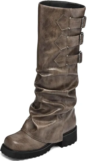 Knee High Boots for Women Fold Over Boots Slouchy Square Toe Biker Boots Platform Riding Boots Gothic Moto Buckle Boots