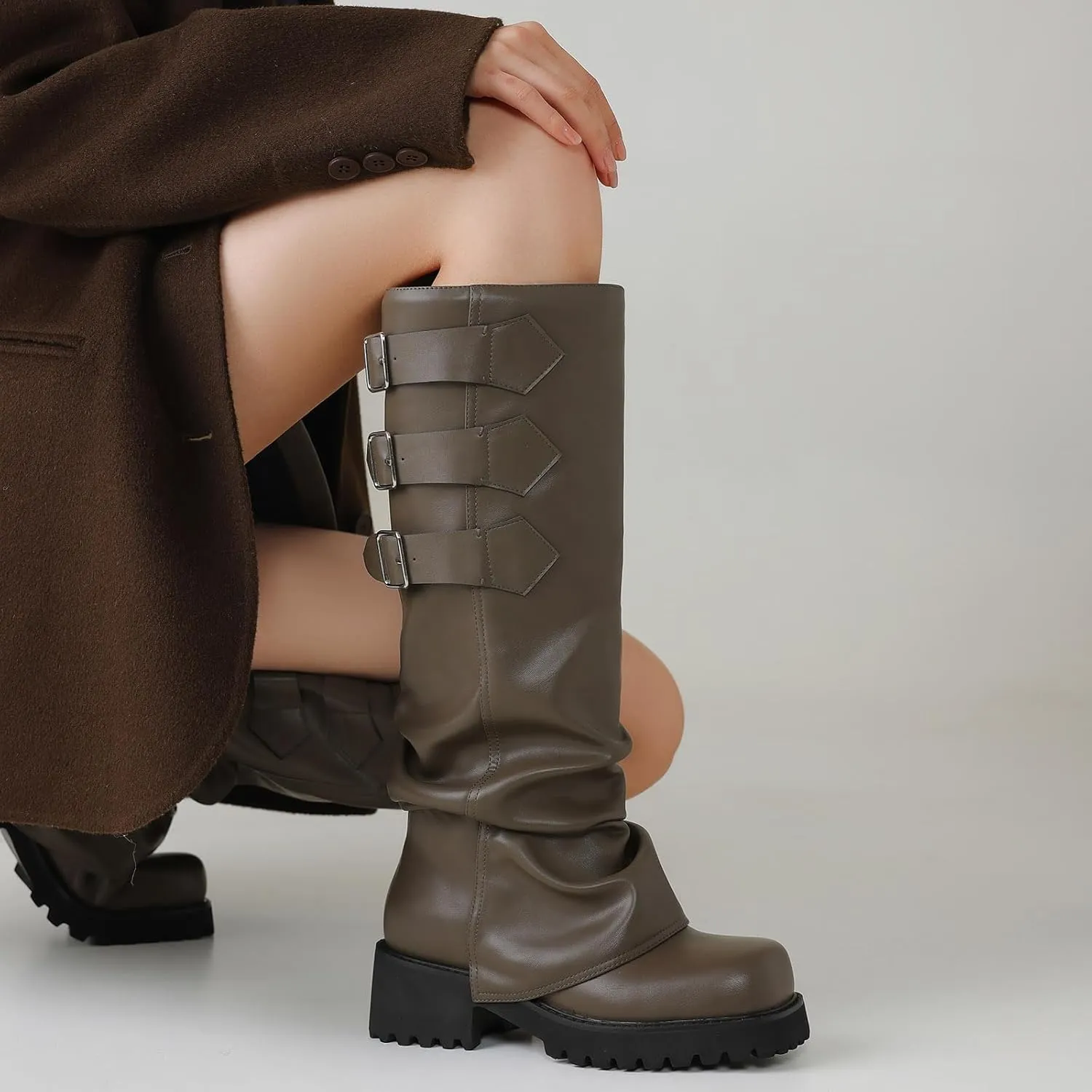 Knee High Boots for Women Fold Over Boots Slouchy Square Toe Biker Boots Platform Riding Boots Gothic Moto Buckle Boots