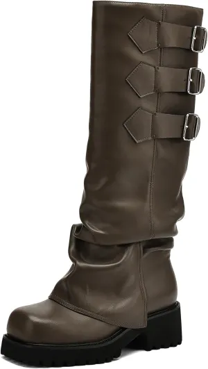 Knee High Boots for Women Fold Over Boots Slouchy Square Toe Biker Boots Platform Riding Boots Gothic Moto Buckle Boots