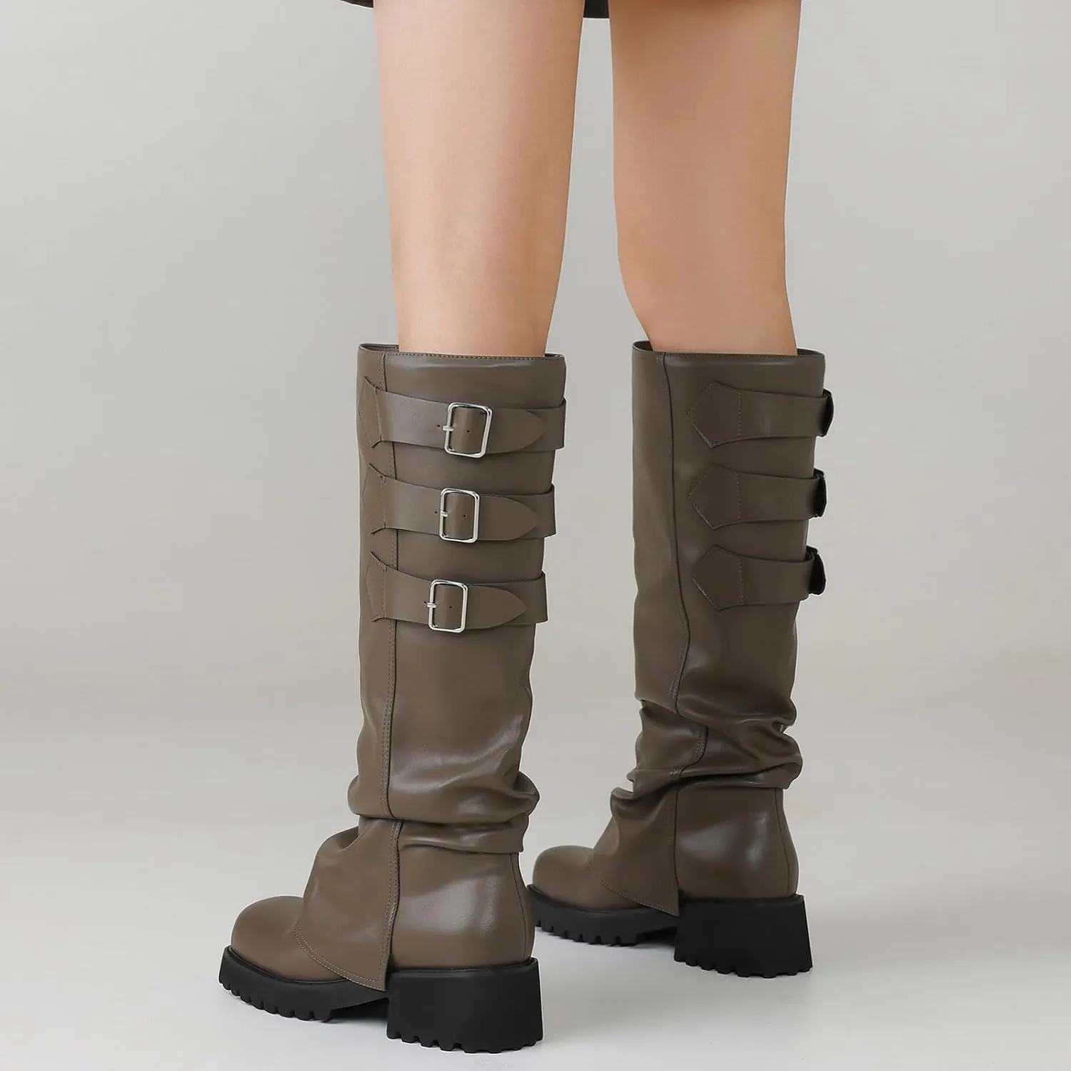 Knee High Boots for Women Fold Over Boots Slouchy Square Toe Biker Boots Platform Riding Boots Gothic Moto Buckle Boots