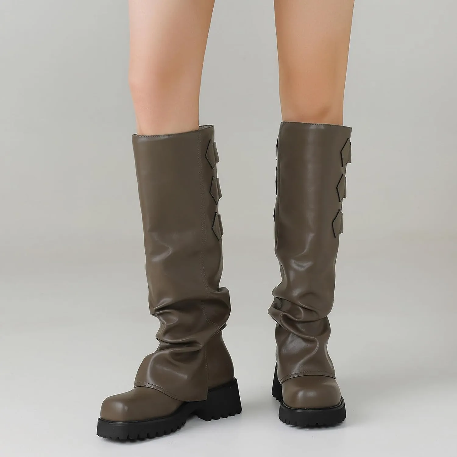 Knee High Boots for Women Fold Over Boots Slouchy Square Toe Biker Boots Platform Riding Boots Gothic Moto Buckle Boots