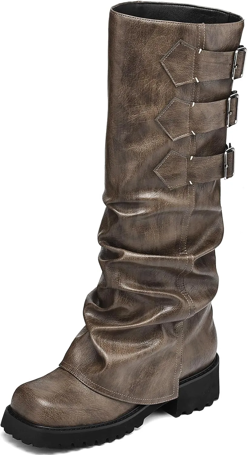 Knee High Boots for Women Fold Over Boots Slouchy Square Toe Biker Boots Platform Riding Boots Gothic Moto Buckle Boots