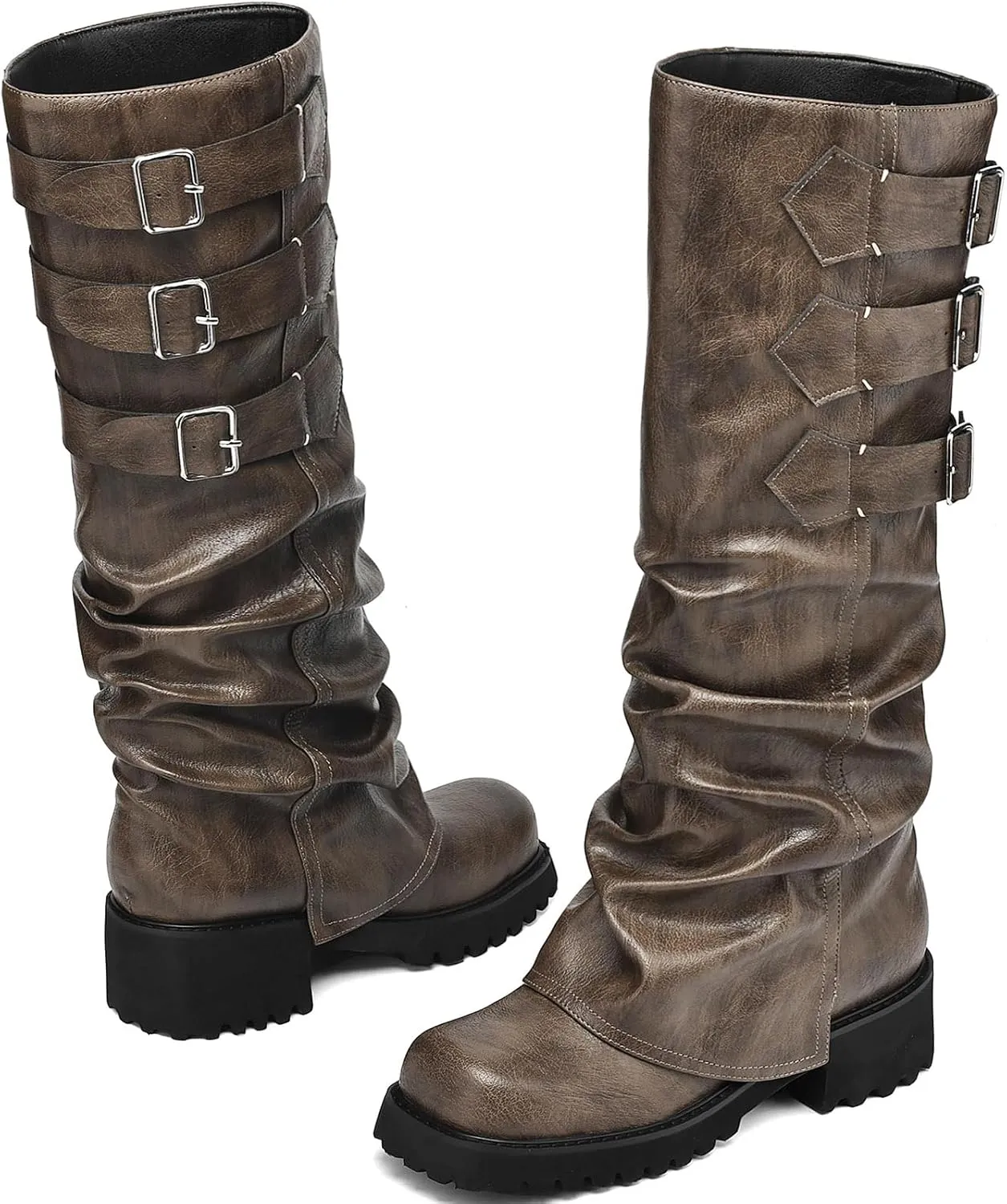 Knee High Boots for Women Fold Over Boots Slouchy Square Toe Biker Boots Platform Riding Boots Gothic Moto Buckle Boots