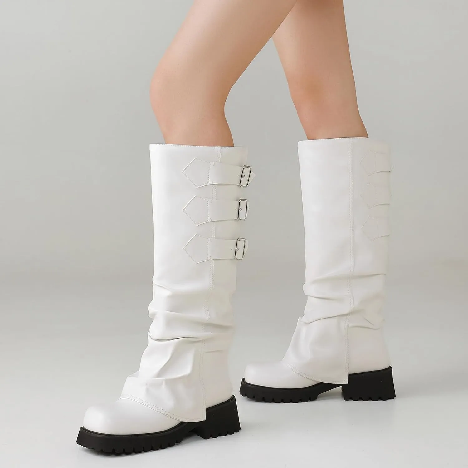 Knee High Boots for Women Fold Over Boots Slouchy Square Toe Biker Boots Platform Riding Boots Gothic Moto Buckle Boots