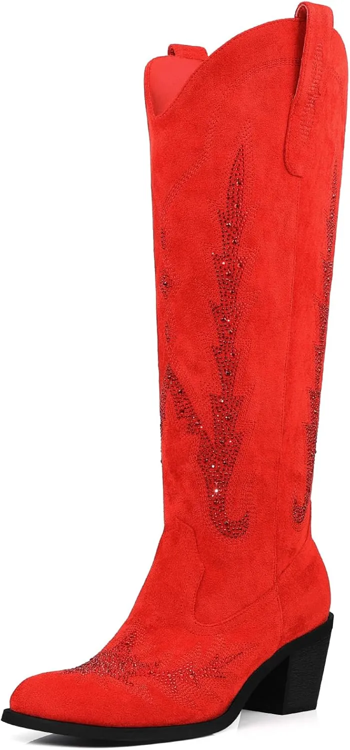 Knee High Cowgirl Boots Women Wide Calf Pointed Toe Embroidered Boots With Side Half Zip Rhinestones Boots For Lady Cowboy Boots Size 7-10