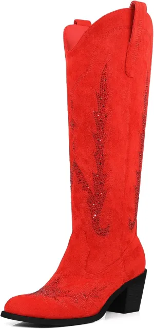 Knee High Cowgirl Boots Women Wide Calf Pointed Toe Embroidered Boots With Side Half Zip Rhinestones Boots For Lady Cowboy Boots Size 7-10