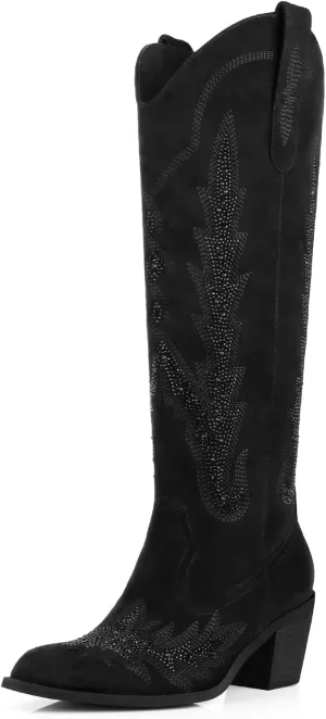 Knee High Cowgirl Boots Women Wide Calf Pointed Toe Embroidered Boots With Side Half Zip Rhinestones Boots For Lady Cowboy Boots Size 7-10