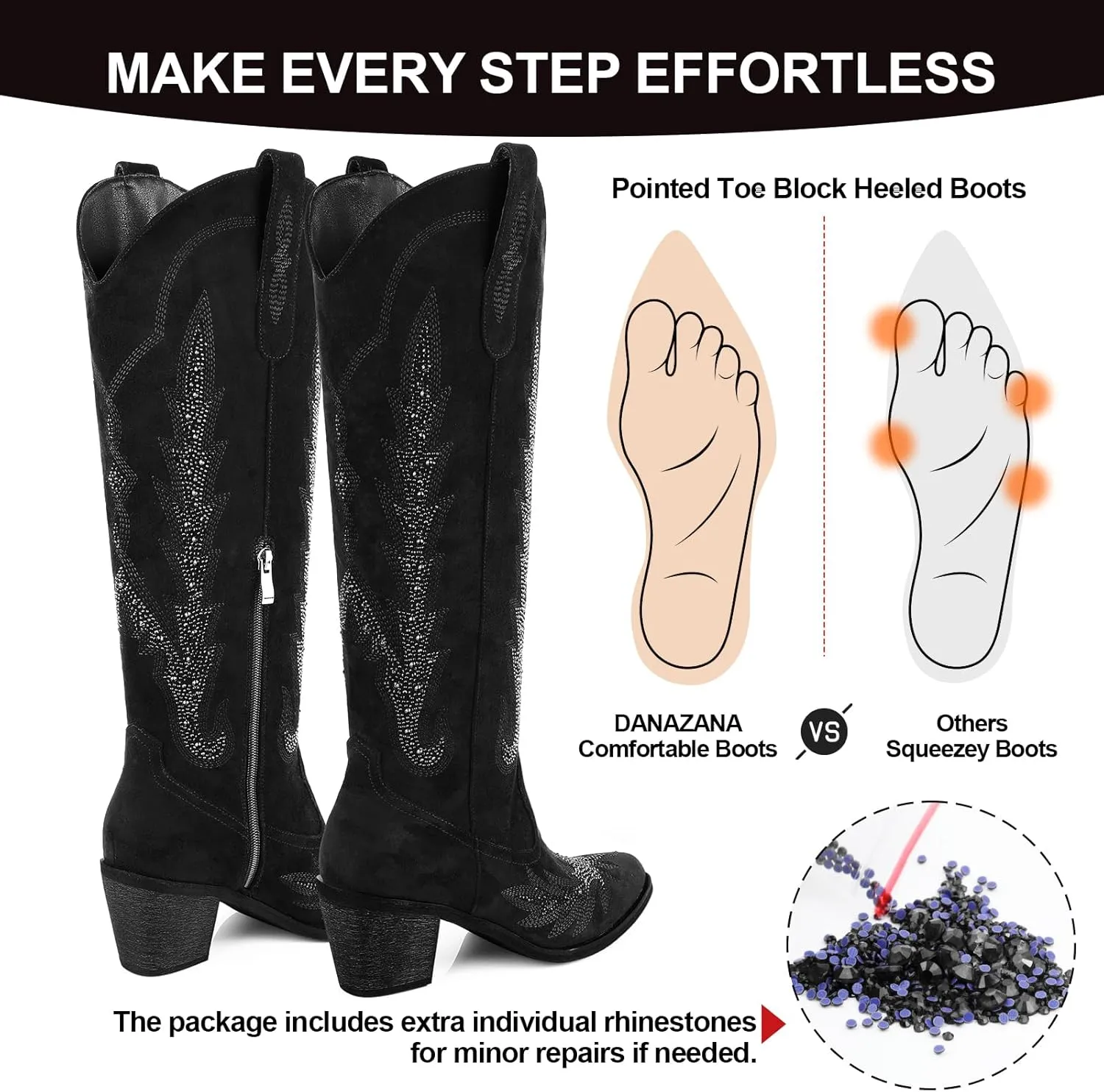 Knee High Cowgirl Boots Women Wide Calf Pointed Toe Embroidered Boots With Side Half Zip Rhinestones Boots For Lady Cowboy Boots Size 7-10
