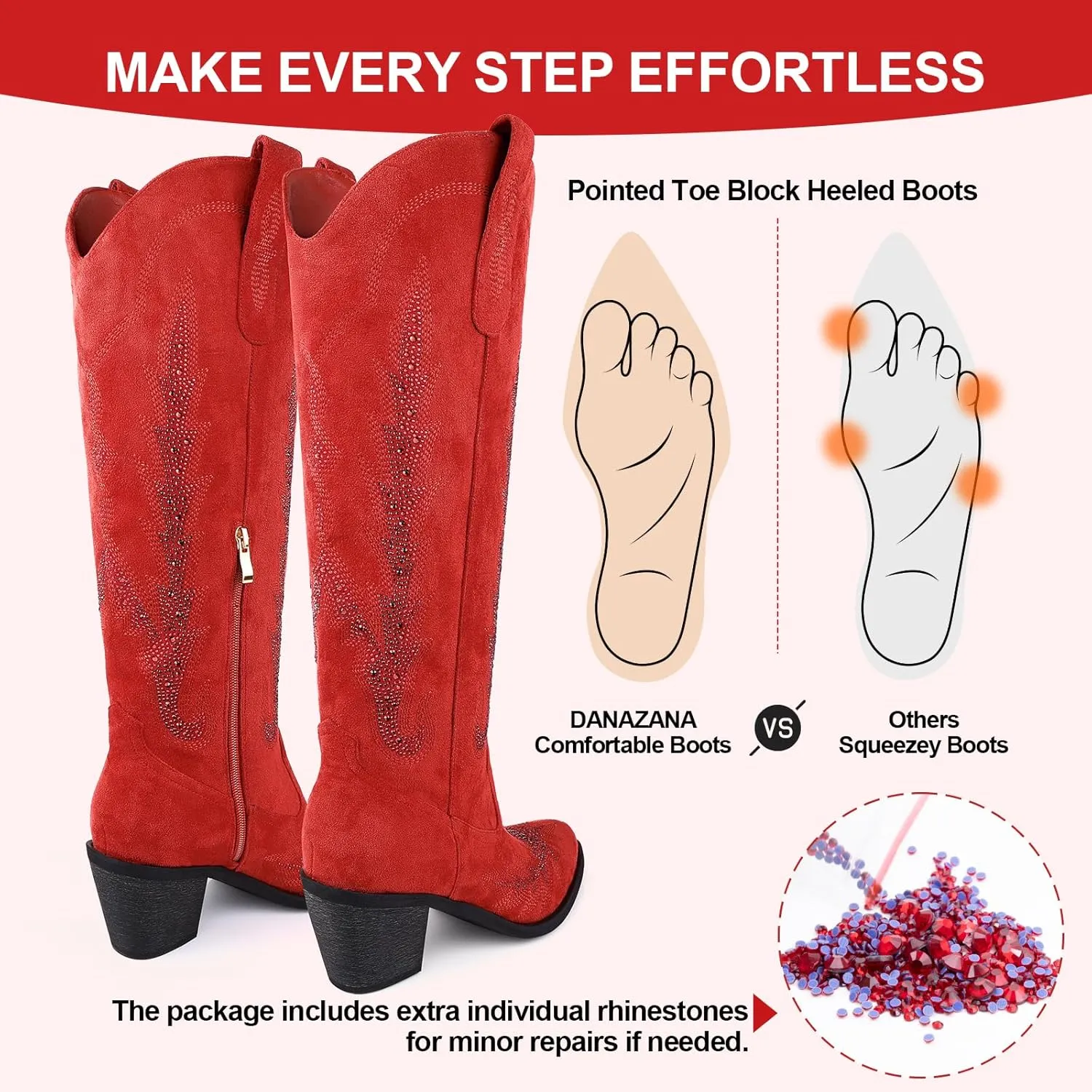 Knee High Cowgirl Boots Women Wide Calf Pointed Toe Embroidered Boots With Side Half Zip Rhinestones Boots For Lady Cowboy Boots Size 7-10
