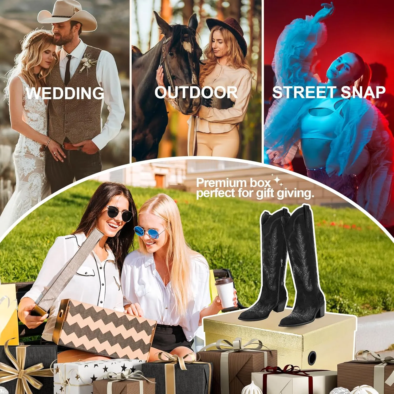 Knee High Cowgirl Boots Women Wide Calf Pointed Toe Embroidered Boots With Side Half Zip Rhinestones Boots For Lady Cowboy Boots Size 7-10