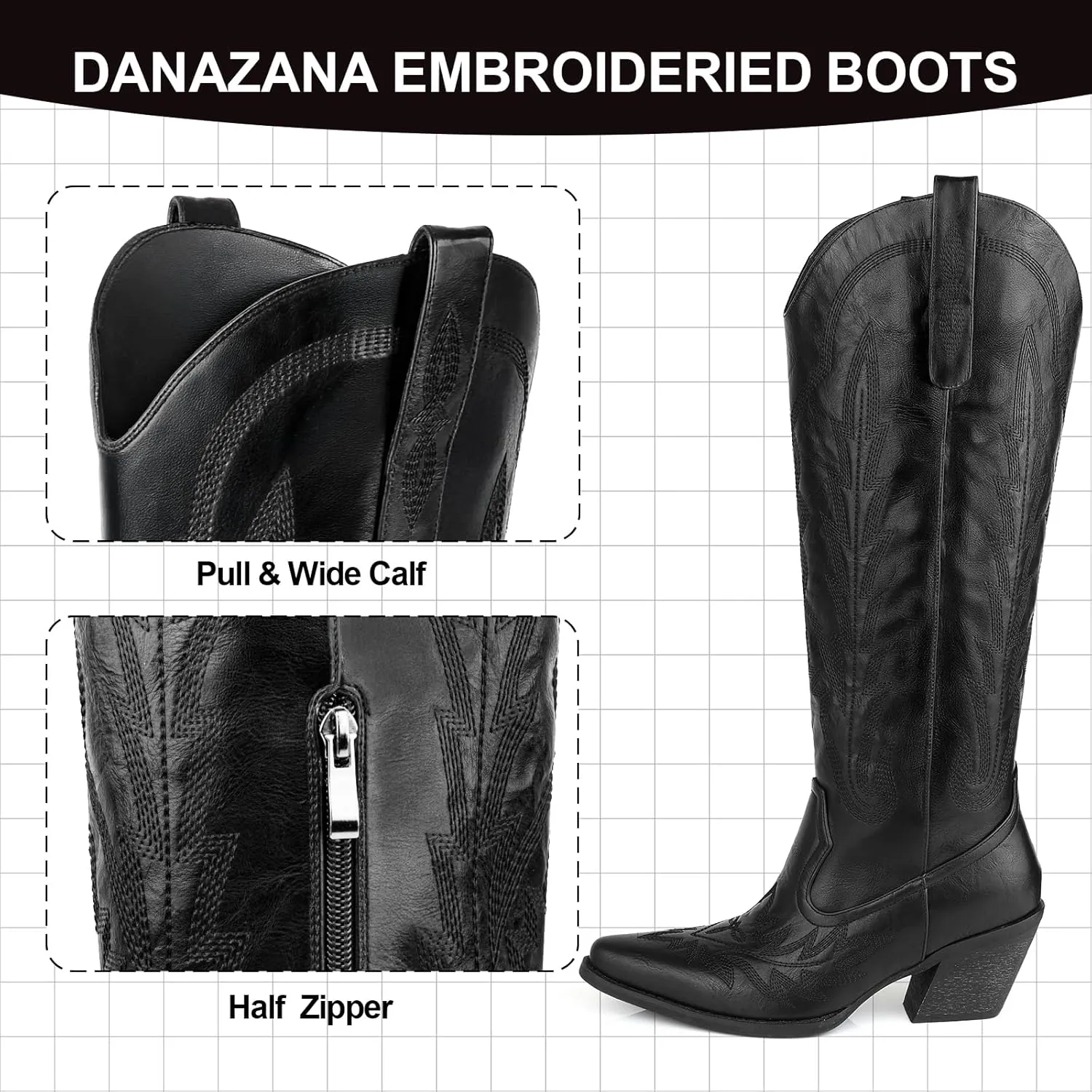 Knee High Cowgirl Boots Women Wide Calf Pointed Toe Embroidered Boots With Side Half Zip Rhinestones Boots For Lady Cowboy Boots Size 7-10