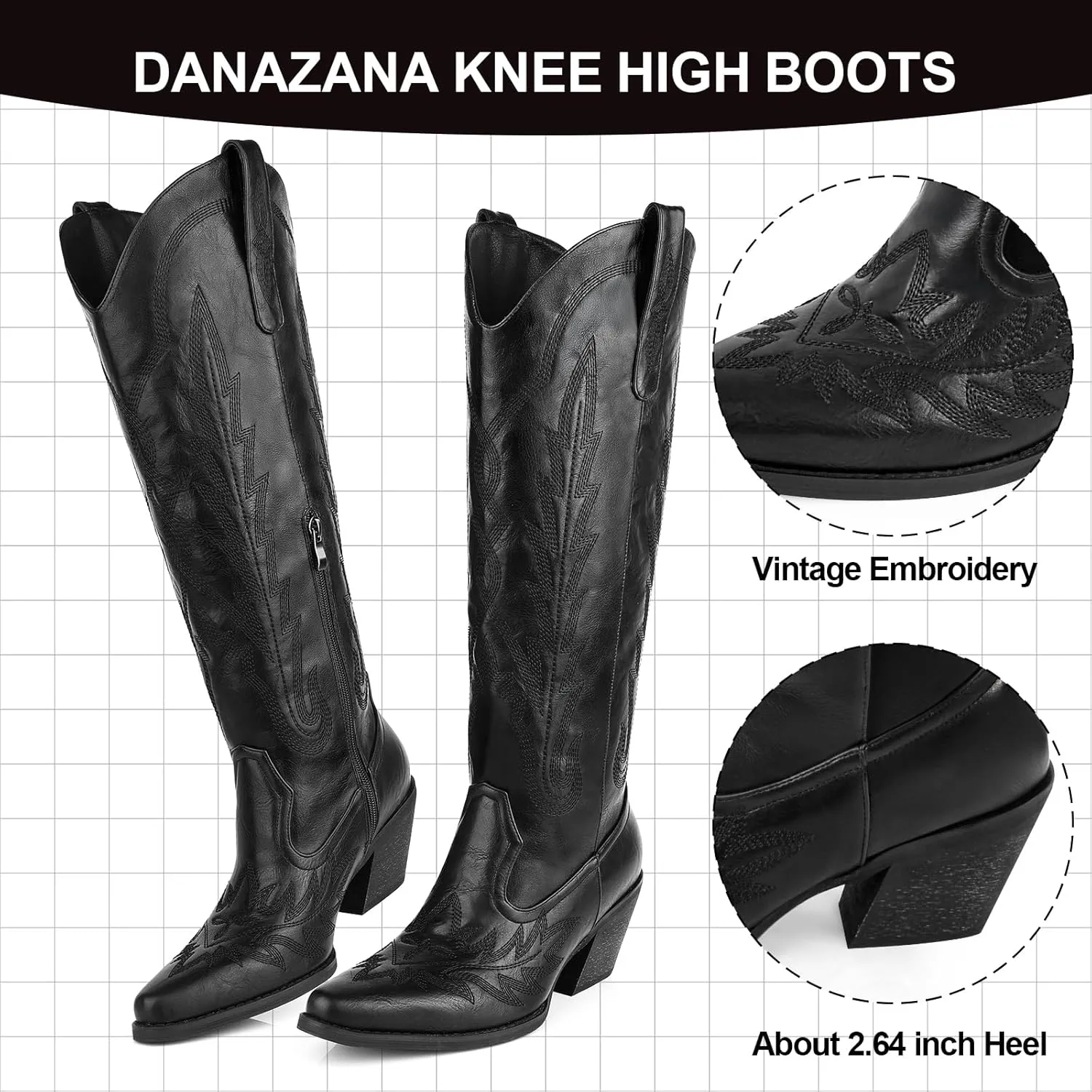 Knee High Cowgirl Boots Women Wide Calf Pointed Toe Embroidered Boots With Side Half Zip Rhinestones Boots For Lady Cowboy Boots Size 7-10