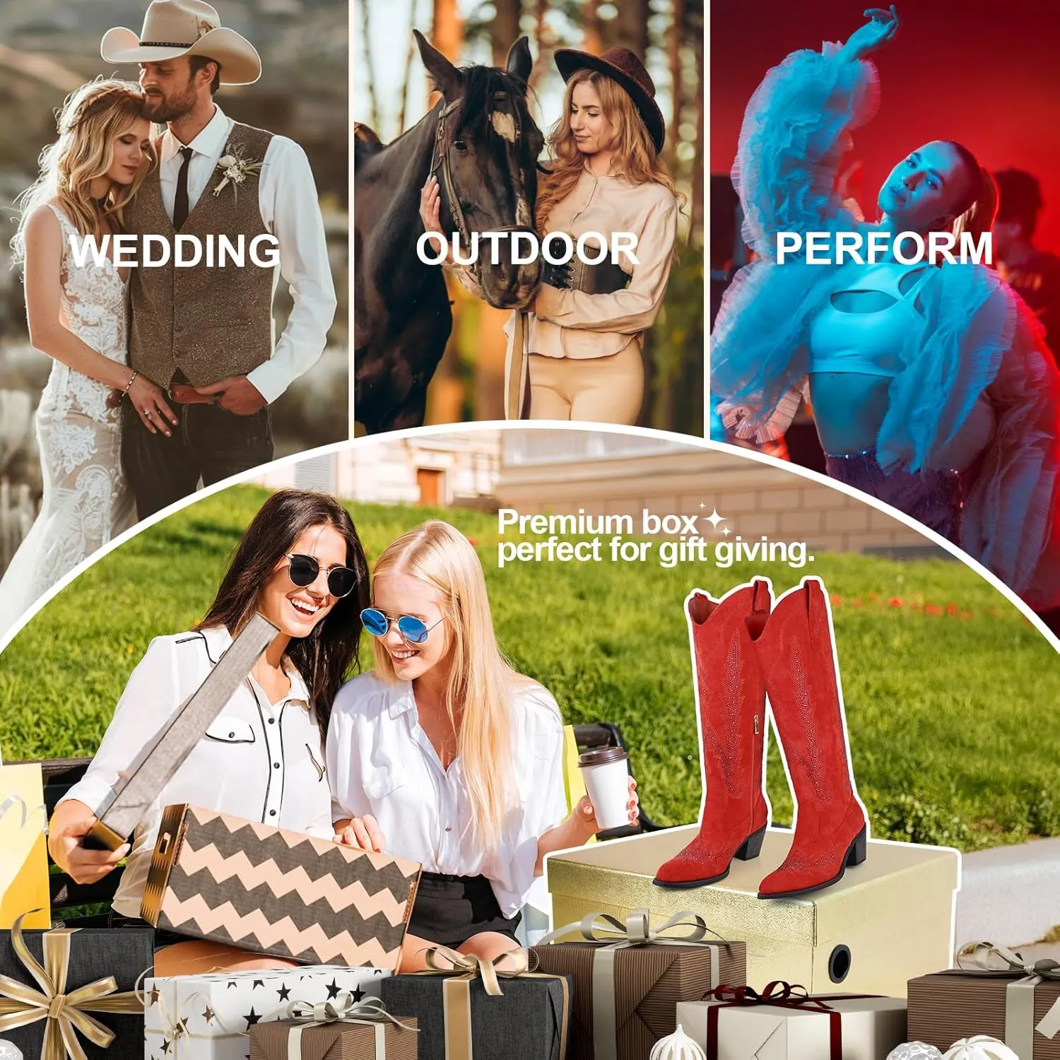 Knee High Cowgirl Boots Women Wide Calf Pointed Toe Embroidered Boots With Side Half Zip Rhinestones Boots For Lady Cowboy Boots Size 7-10