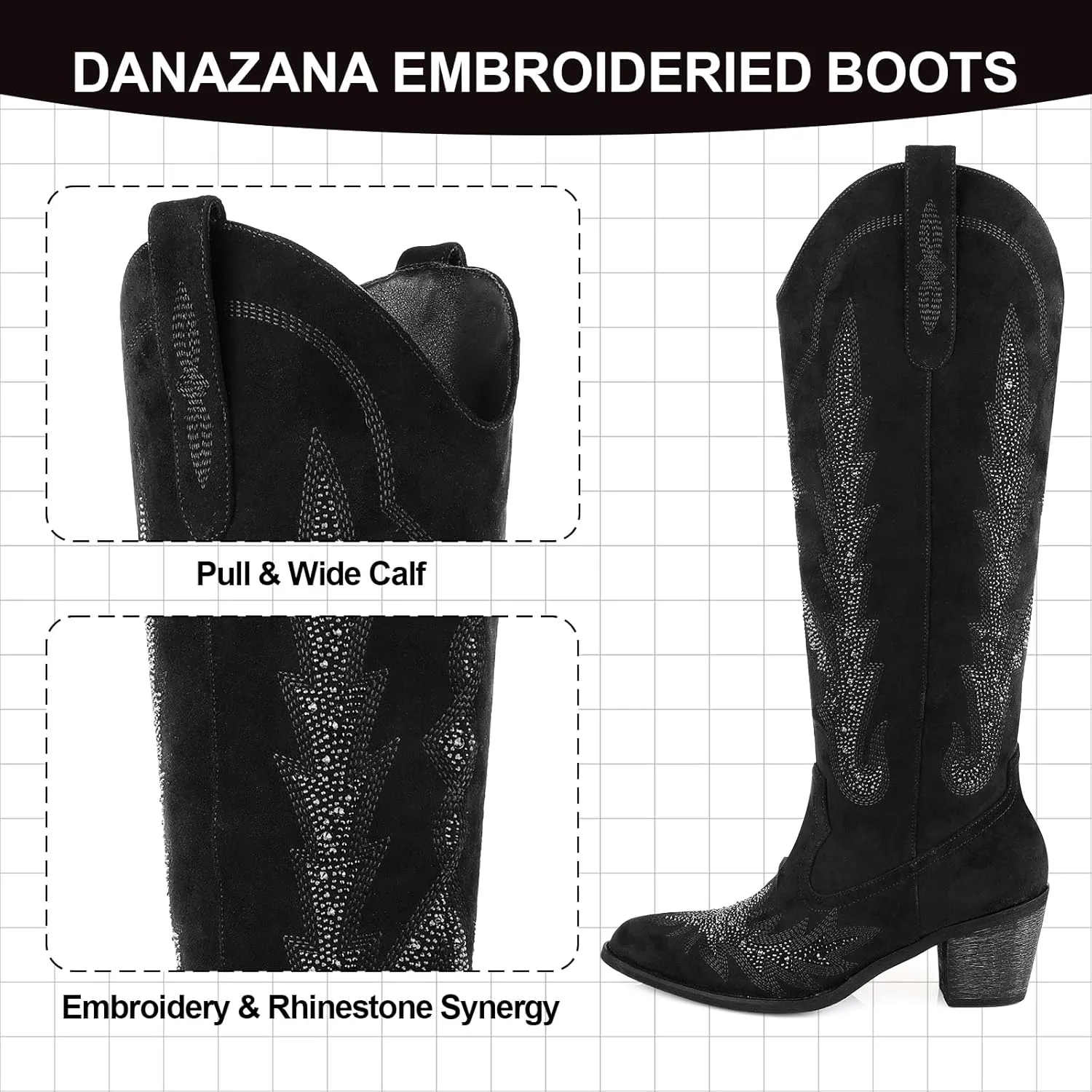 Knee High Cowgirl Boots Women Wide Calf Pointed Toe Embroidered Boots With Side Half Zip Rhinestones Boots For Lady Cowboy Boots Size 7-10