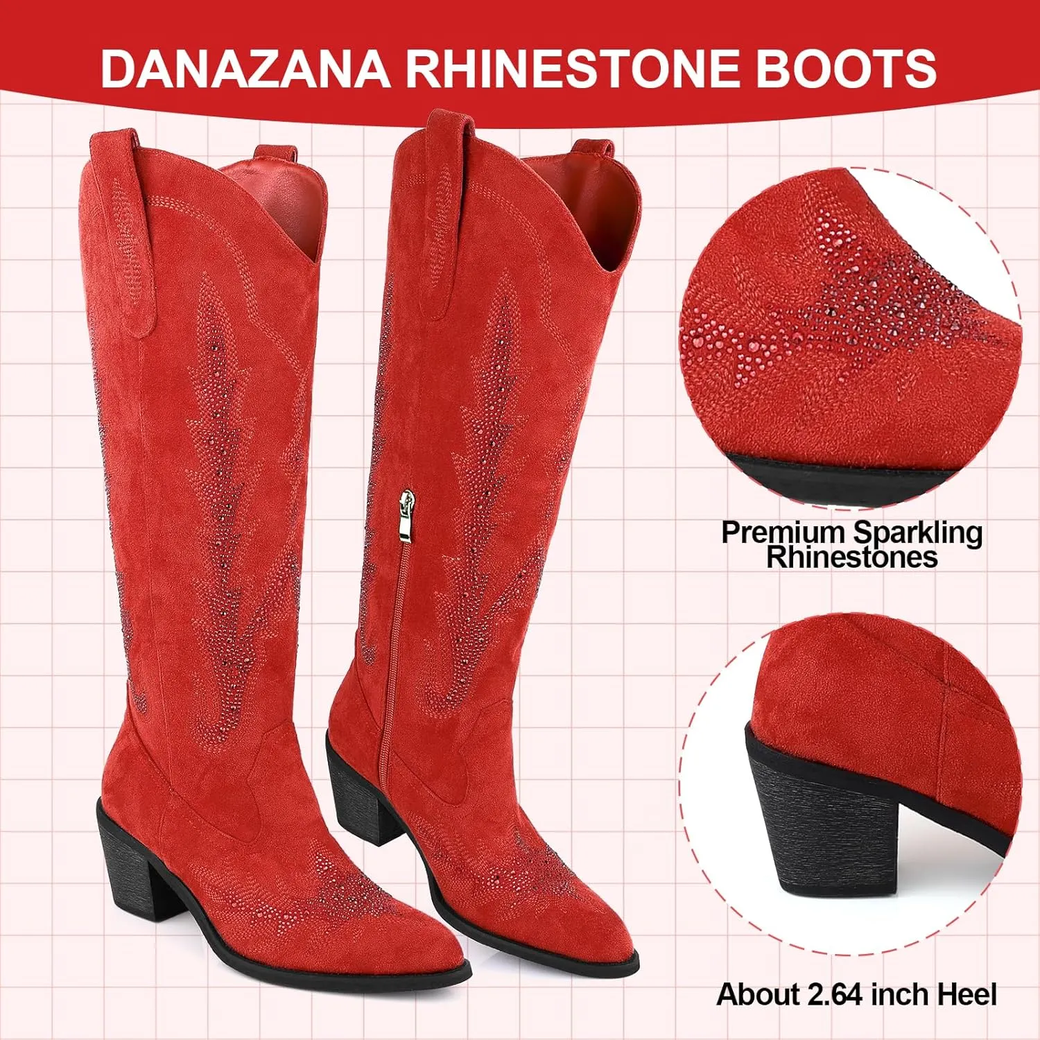 Knee High Cowgirl Boots Women Wide Calf Pointed Toe Embroidered Boots With Side Half Zip Rhinestones Boots For Lady Cowboy Boots Size 7-10