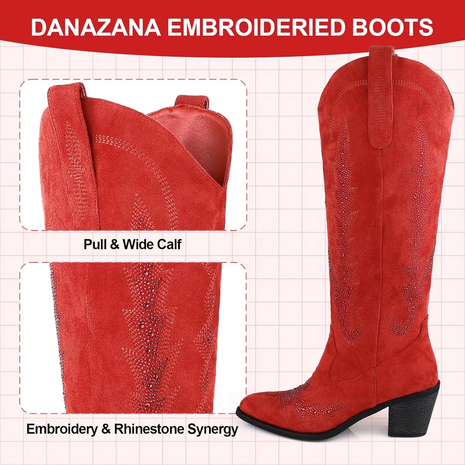 Knee High Cowgirl Boots Women Wide Calf Pointed Toe Embroidered Boots With Side Half Zip Rhinestones Boots For Lady Cowboy Boots Size 7-10