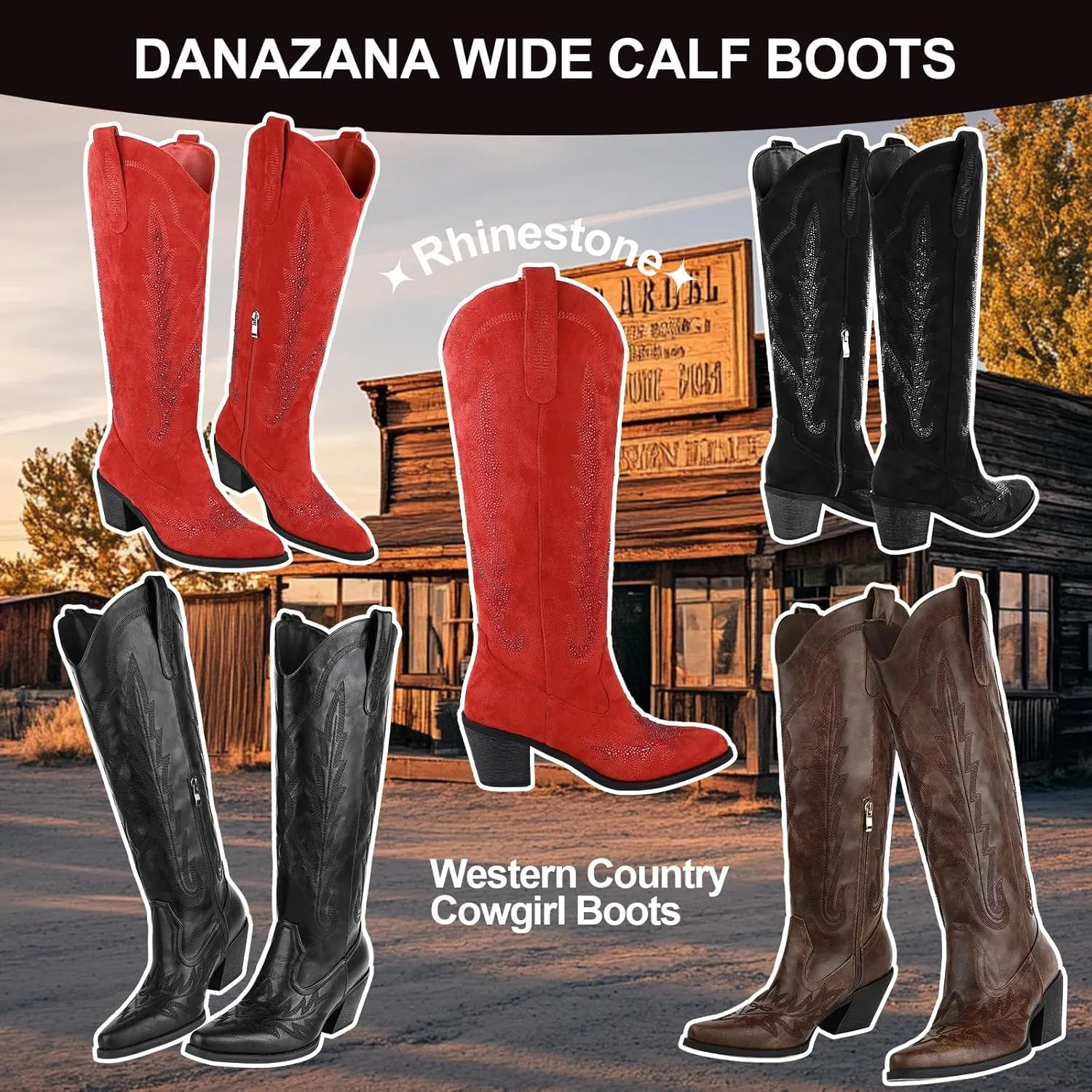 Knee High Cowgirl Boots Women Wide Calf Pointed Toe Embroidered Boots With Side Half Zip Rhinestones Boots For Lady Cowboy Boots Size 7-10