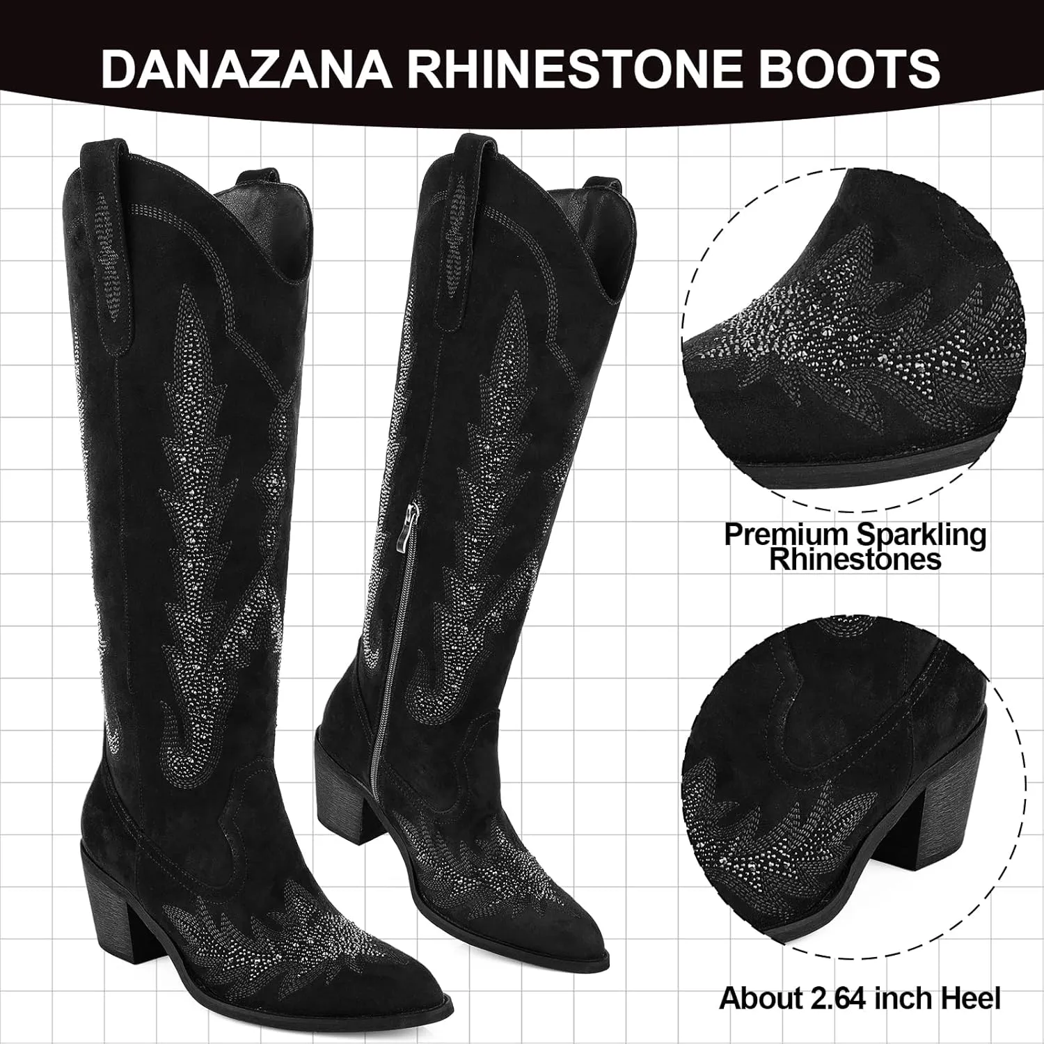 Knee High Cowgirl Boots Women Wide Calf Pointed Toe Embroidered Boots With Side Half Zip Rhinestones Boots For Lady Cowboy Boots Size 7-10