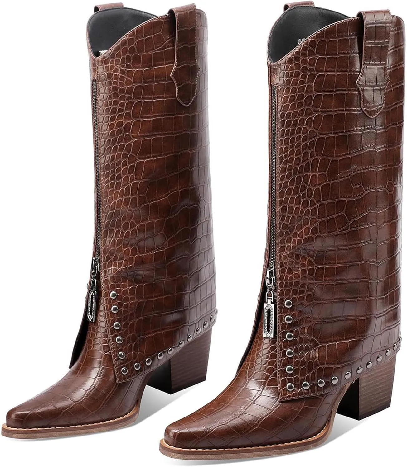 Knee High Leather Boots for women Crocodile Texture Foldover Chunky Heel Shark Boot