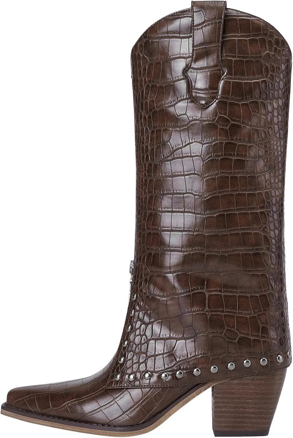 Knee High Leather Boots for women Crocodile Texture Foldover Chunky Heel Shark Boot