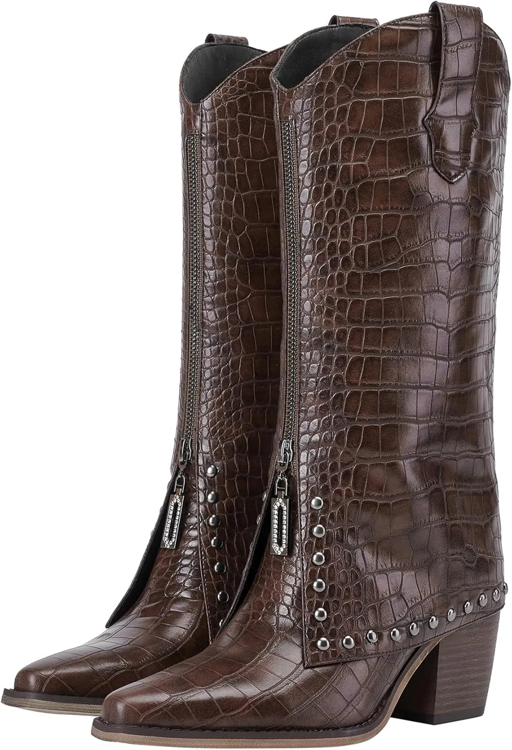 Knee High Leather Boots for women Crocodile Texture Foldover Chunky Heel Shark Boot