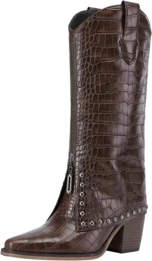 Knee High Leather Boots for women Crocodile Texture Foldover Chunky Heel Shark Boot
