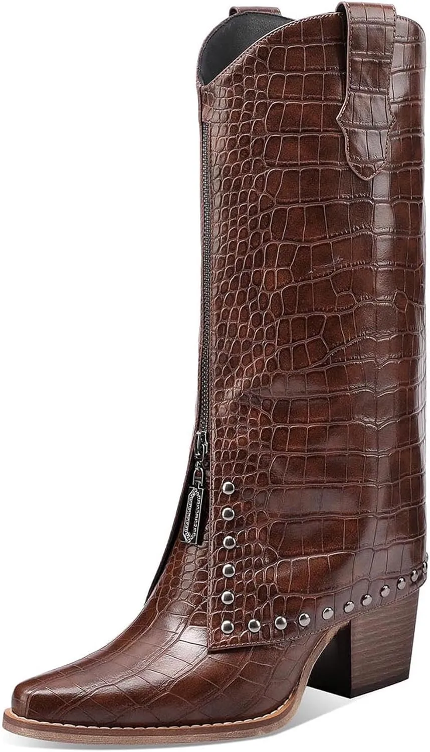 Knee High Leather Boots for women Crocodile Texture Foldover Chunky Heel Shark Boot