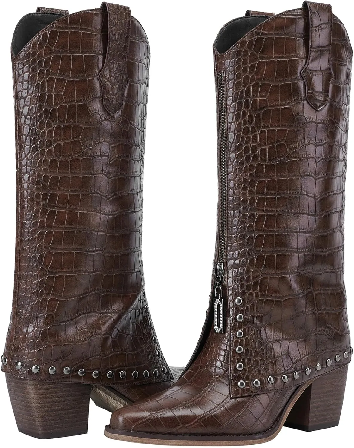 Knee High Leather Boots for women Crocodile Texture Foldover Chunky Heel Shark Boot