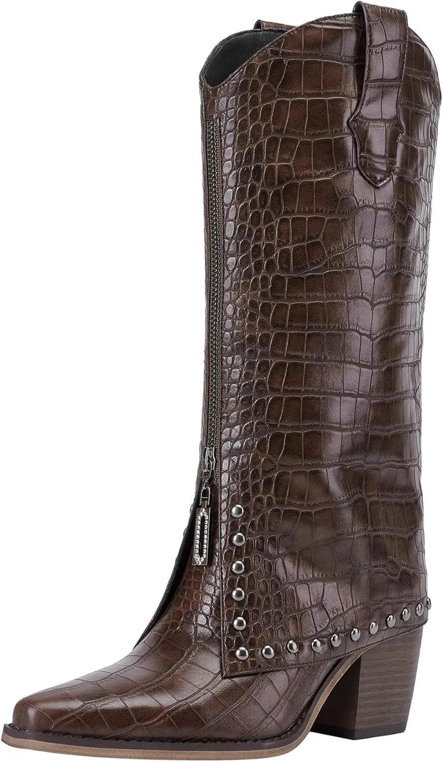 Knee High Leather Boots for women Crocodile Texture Foldover Chunky Heel Shark Boot