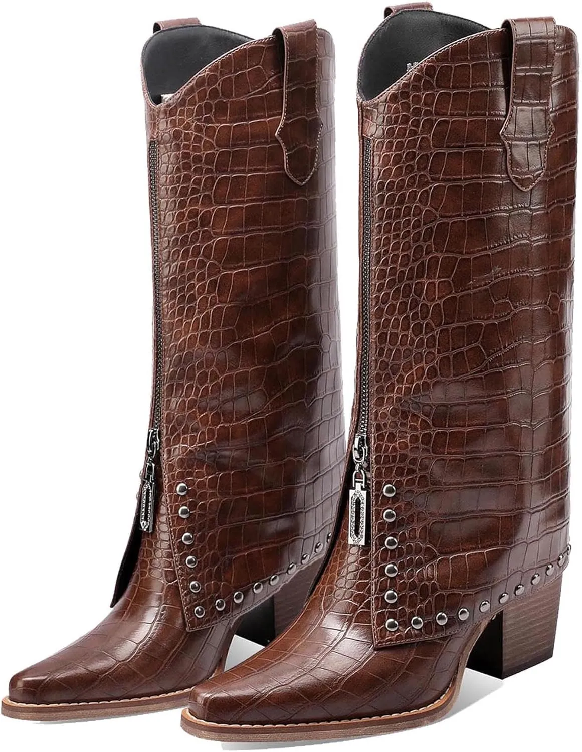 Knee High Leather Boots for women Crocodile Texture Foldover Chunky Heel Shark Boot