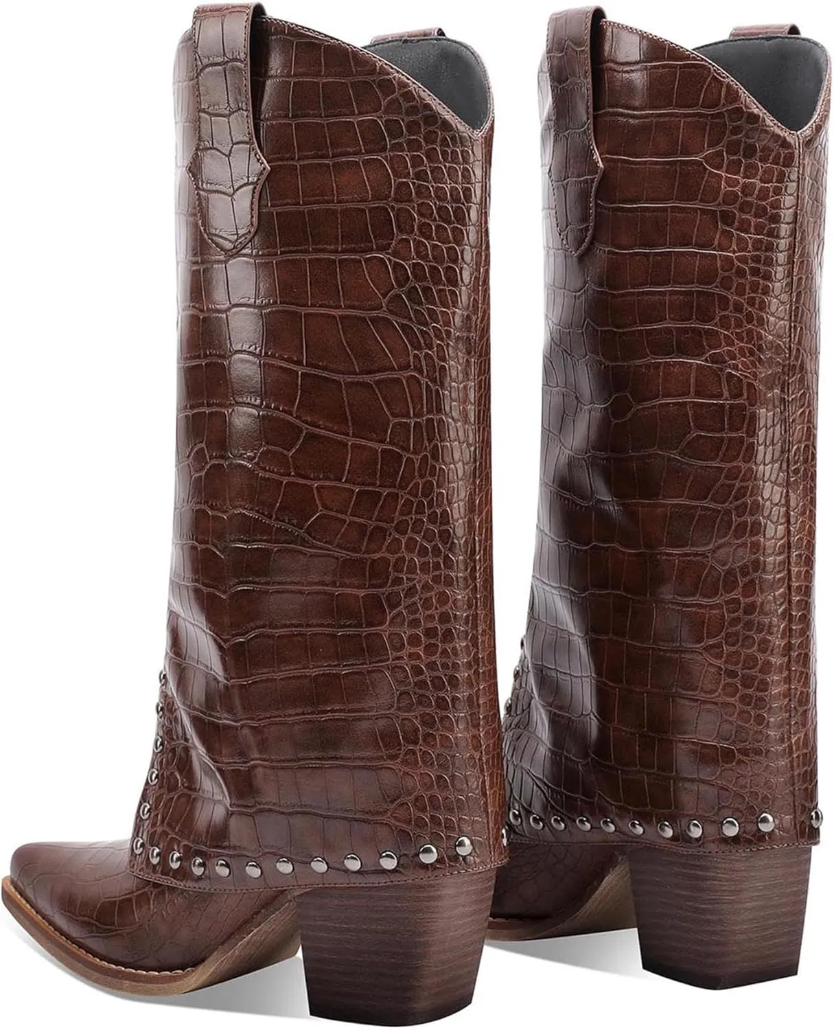 Knee High Leather Boots for women Crocodile Texture Foldover Chunky Heel Shark Boot