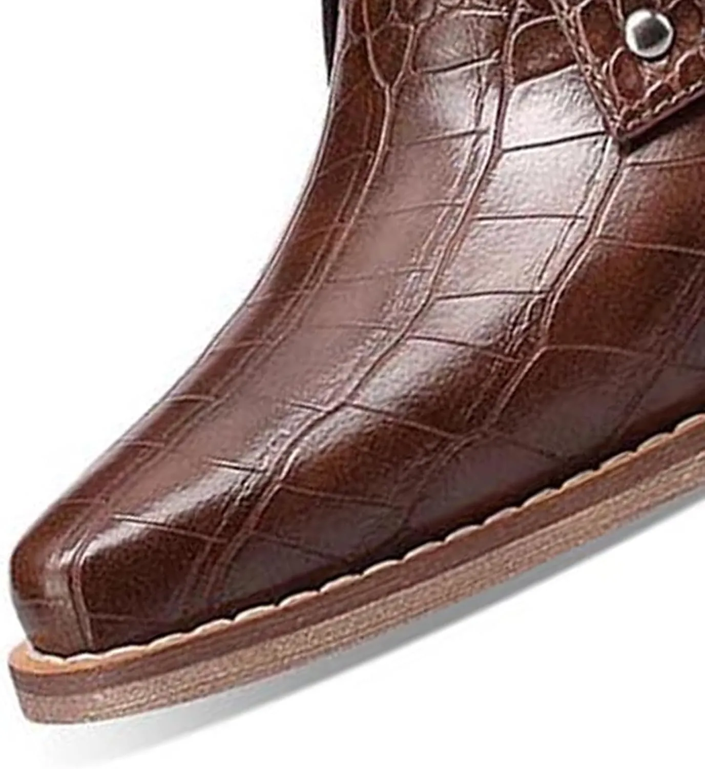 Knee High Leather Boots for women Crocodile Texture Foldover Chunky Heel Shark Boot