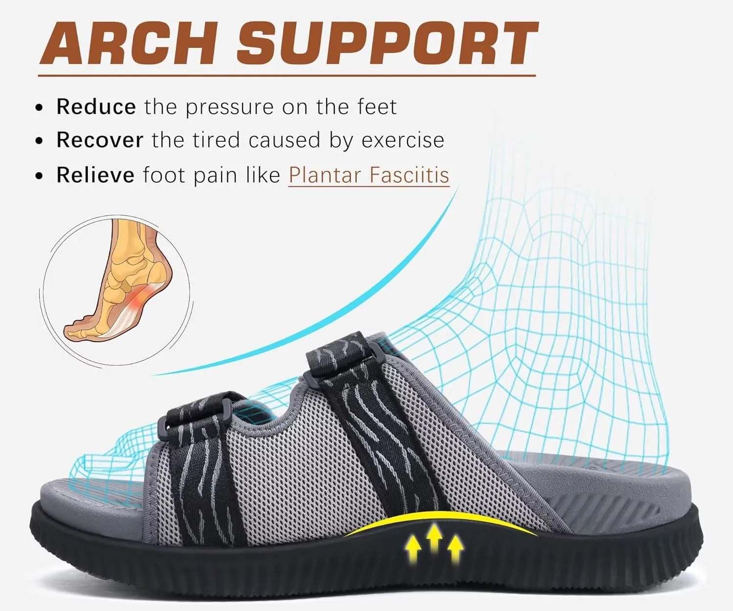 KuaiLu Mens Orthotic Sandals Athletic Thick Cushion Recovery Sport Slides Adjustable Strap Open Toe Walking Sandles With Comfortable Plantar Fasciitis Arch Support