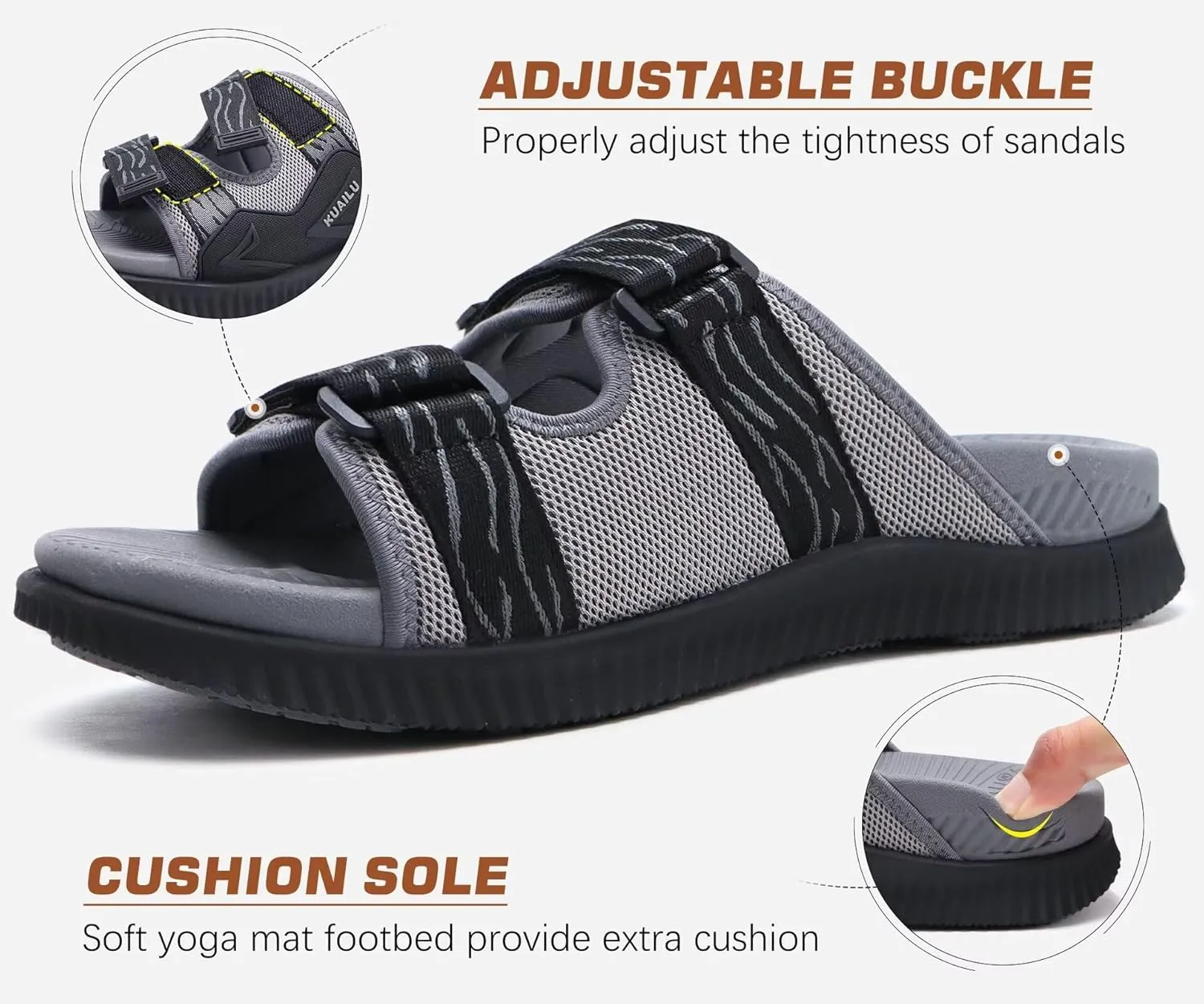 KuaiLu Mens Orthotic Sandals Athletic Thick Cushion Recovery Sport Slides Adjustable Strap Open Toe Walking Sandles With Comfortable Plantar Fasciitis Arch Support
