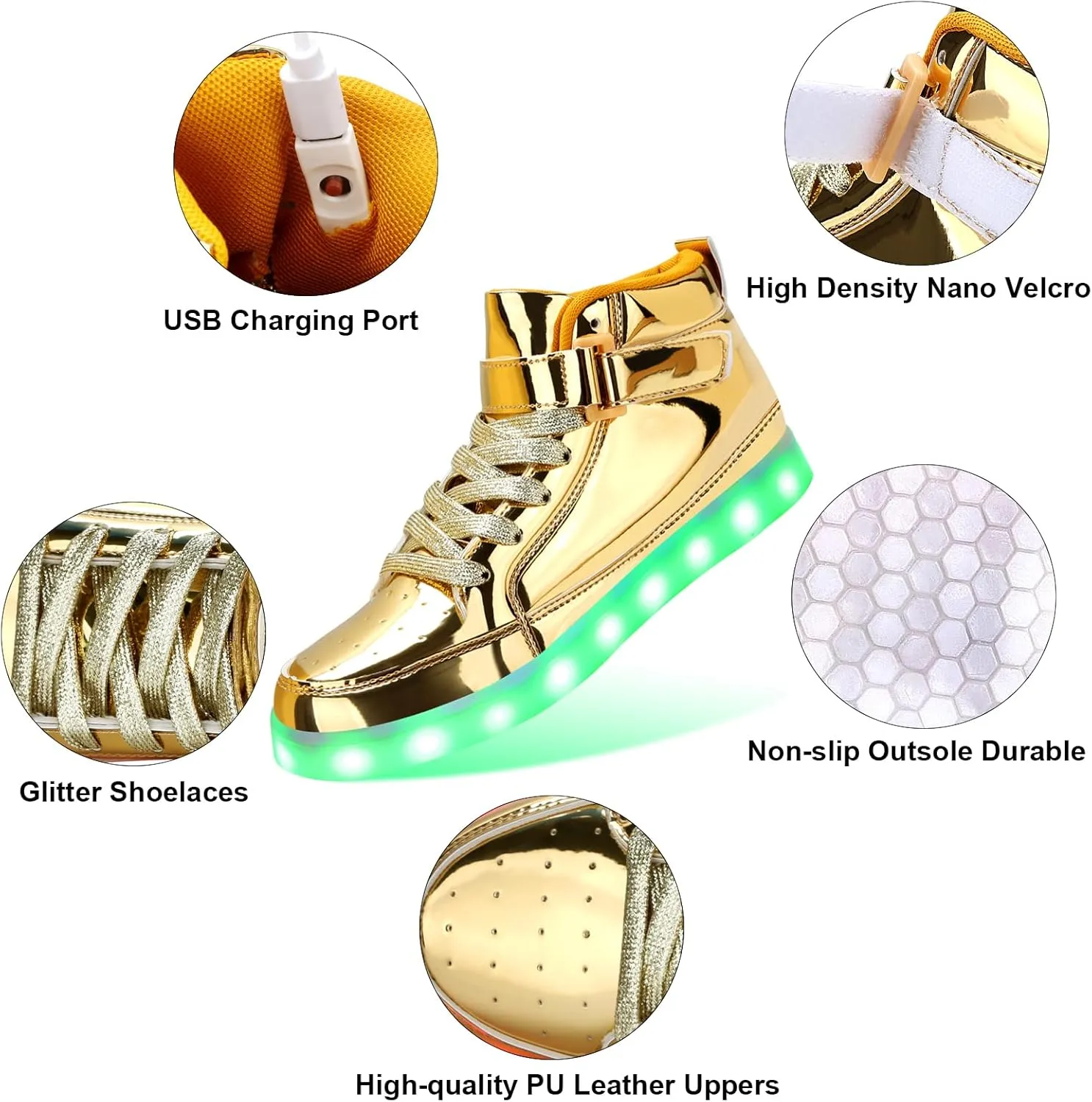 KUNWFNIX Light Up High Top Adult LED Sneakers - Multicolor, Men's & Women's - Glow in The Dark - USB Rechargeable - Dancing Parties