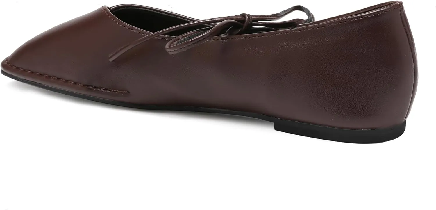 Lace Up Square Toe Ballet Flats for Women Cute Bow Slip On Mary Jane Flats Casual Ballerina Shoes